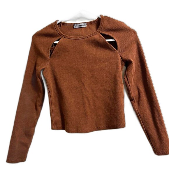 Anthropologie Maeve Ribbed Cut-Out Top brown size XS - Picture 2 of 8